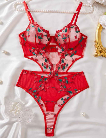 Ladies Sexy See Through Cherry Embroidery Lingerie Teddy