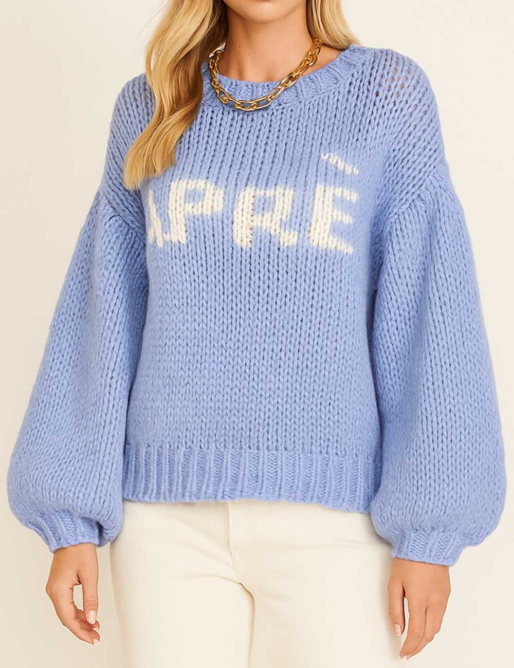 Ladies Letter Pattern Color Block Round Neck Knit Sweater