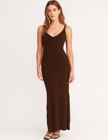 Ladies Ribbed Knit V-Neck Sleeveless Hip Wrap Maxi Dress