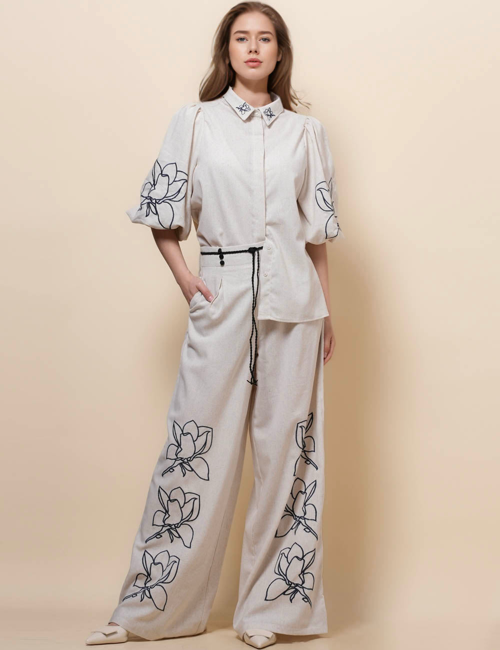 Ladies Puff Sleeves Floral Embroidery Shirt Pants Set SKST50380