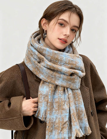 Ladies Warm Color Block Plaid Tassel Knit Scarf