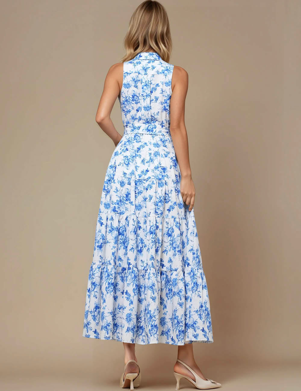 Ladies Turn Down Collar Sleeveless Floral Print Midi Dress JD5004