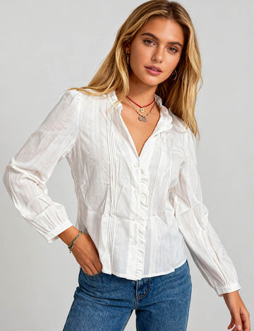 Ladies White Ruffle Stand Collar Button Front Blouse