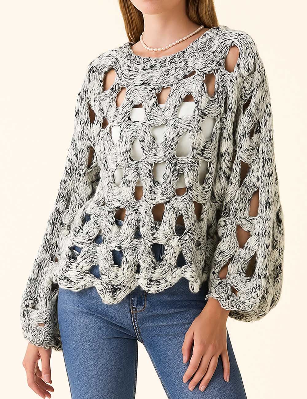 Ladies Marled Chunky Hollow Out Puff Sleeves Sweater