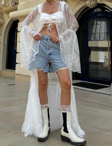 Ladies Hooded See Through Flared Long Sleeves Lace Cardigan