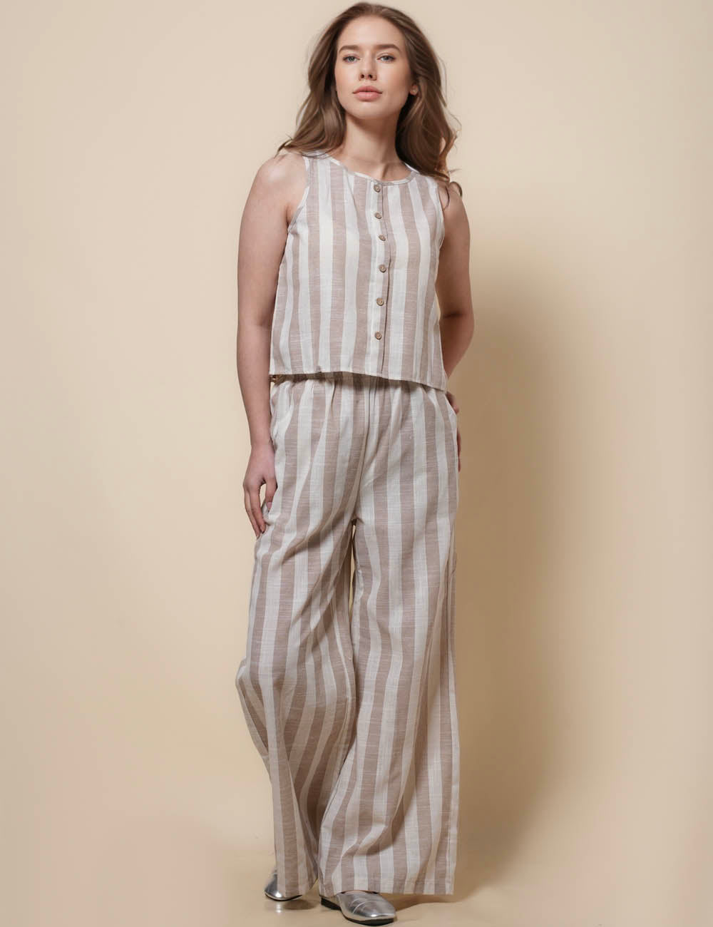 Ladies Stripe Print Vest with Pants 2PCS Set SKST50820