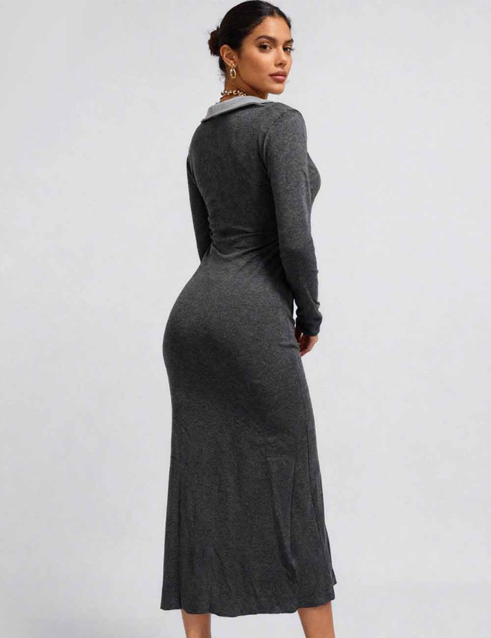 Ladies Color Block Button Hip Wrap Bodycon Knit Midi Dress