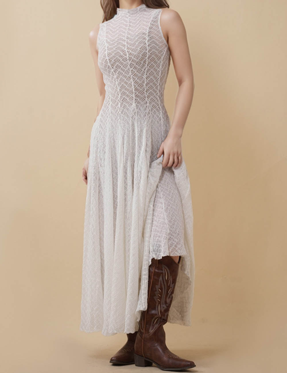 Ladies Round Neck Sleeveless Knit Maxi Dress 8SKD51193