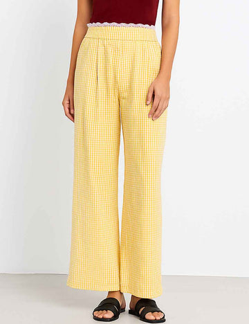 Ladies Lace Split Color Block Checked Wide Leg Pants