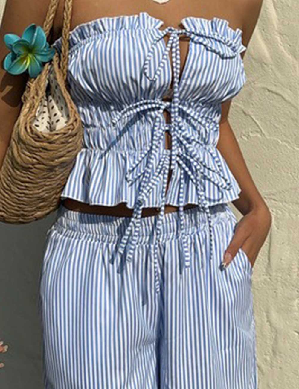 Ladies Color Block Striped String Tie Tube Top & Pants Set 
