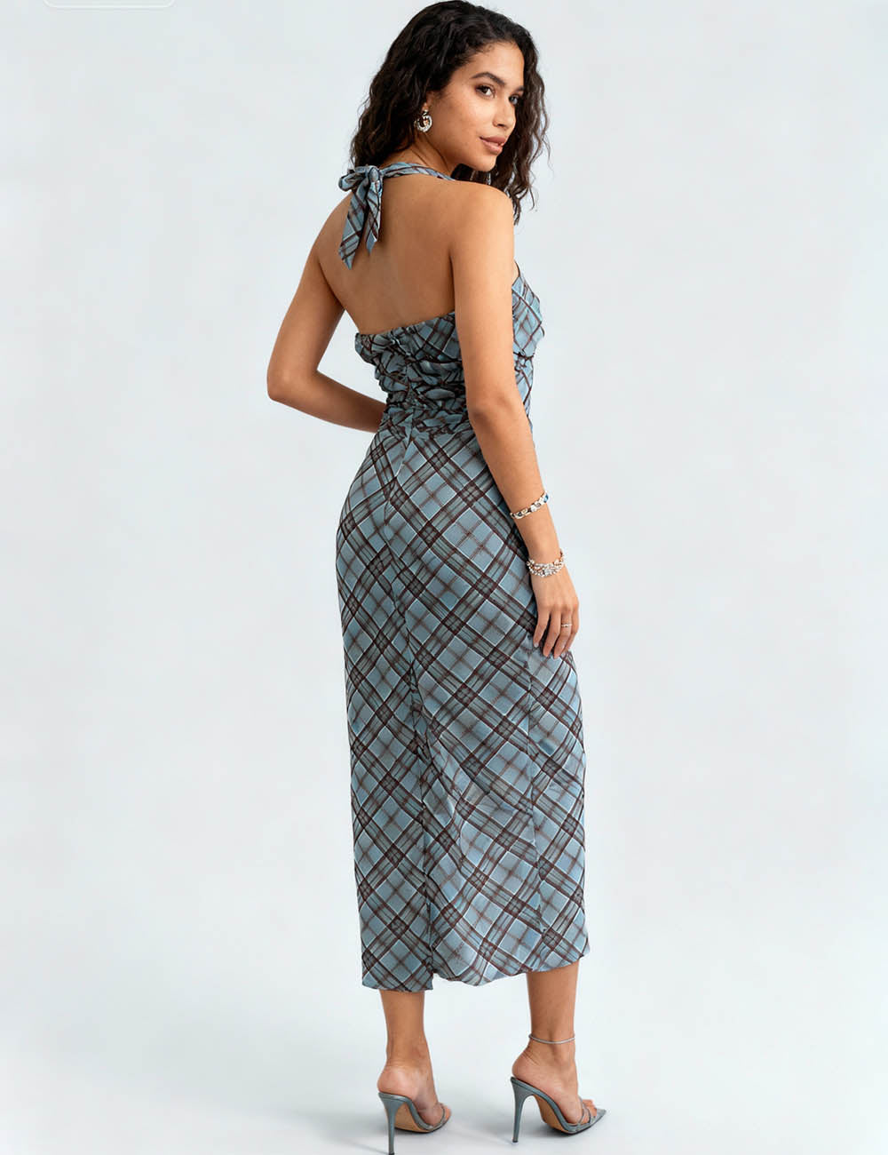 Ladies Checked Halter Back Tie Side Split Maxi Dress