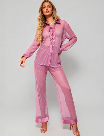 Ladies Mesh Sheer Tie Front Metal Eyelet Shirt & Pants Set