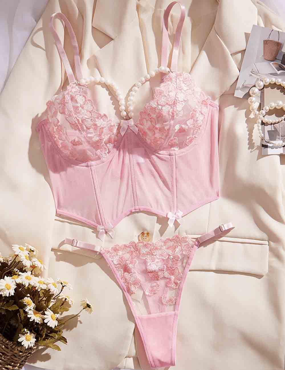 Ladies Floral Embroidery Corset 2PCS Lingerie Set 8HF6092
