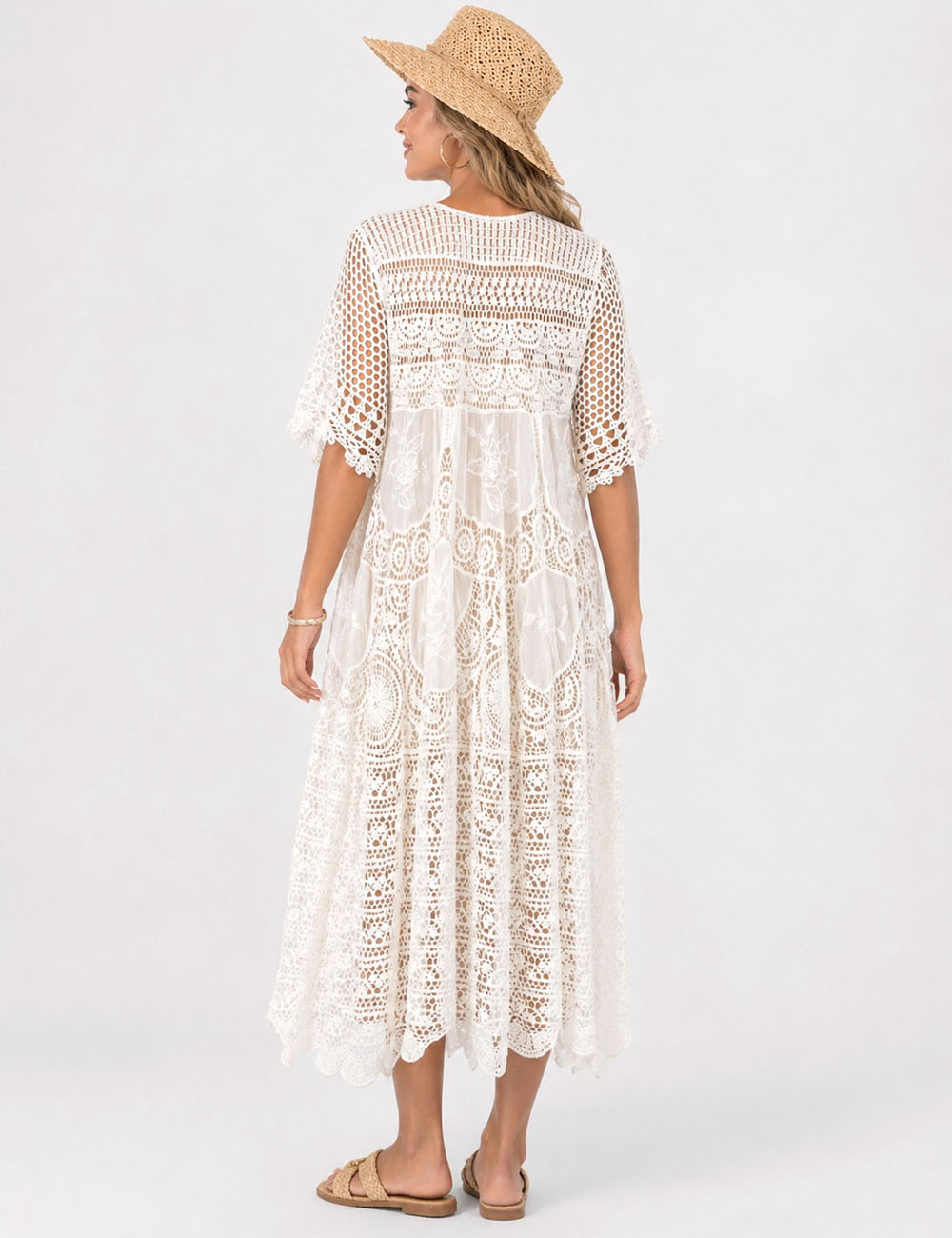 Ladies Crochet Lace Hollow-Out Tassel Tie Neck Maxi Dress