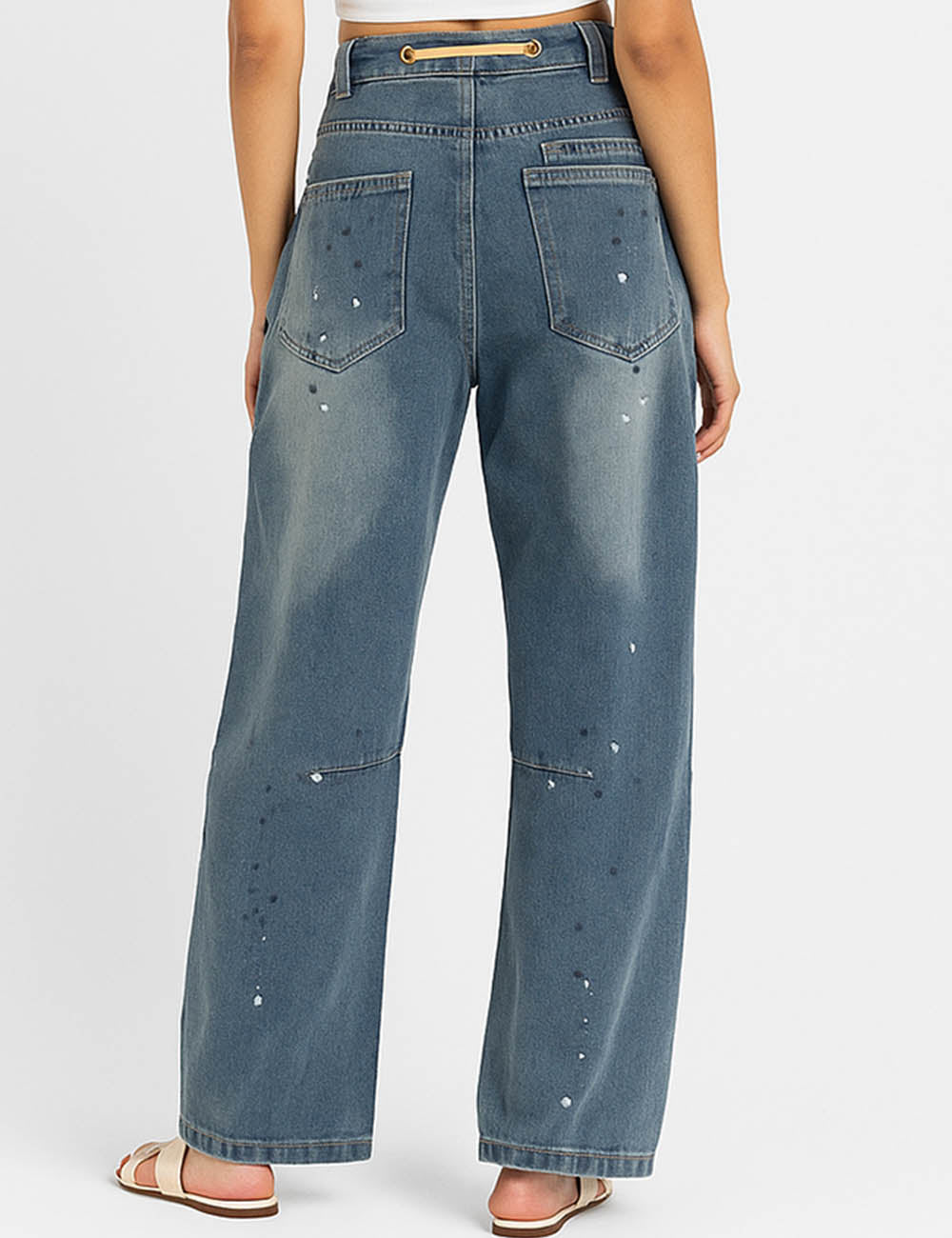 Ladies Paint Splatter Print Jeans Drawstring Barrel Leg Denim Pants