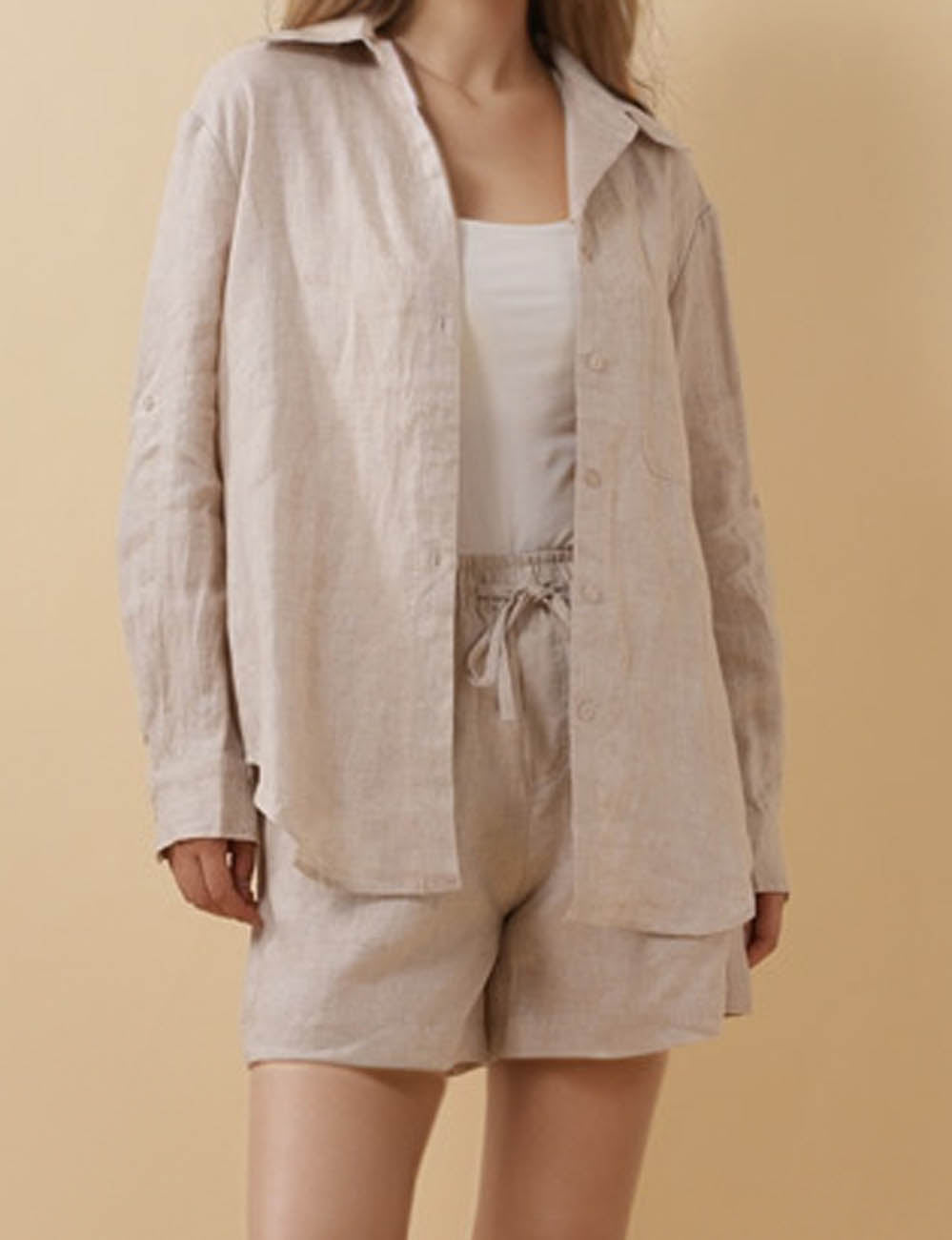 Ladies Linen Turndown Collar Button Long Sleeves Shirt & Shorts