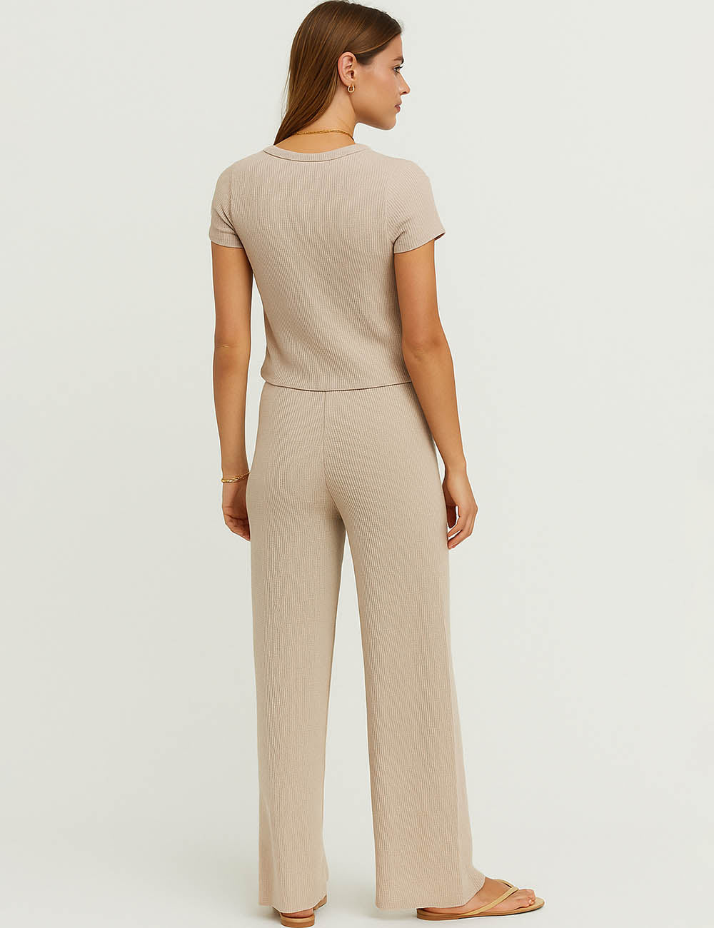 Ladies Solid Color Knit Set Cropped Top Wide Leg Pants 2PCS Set