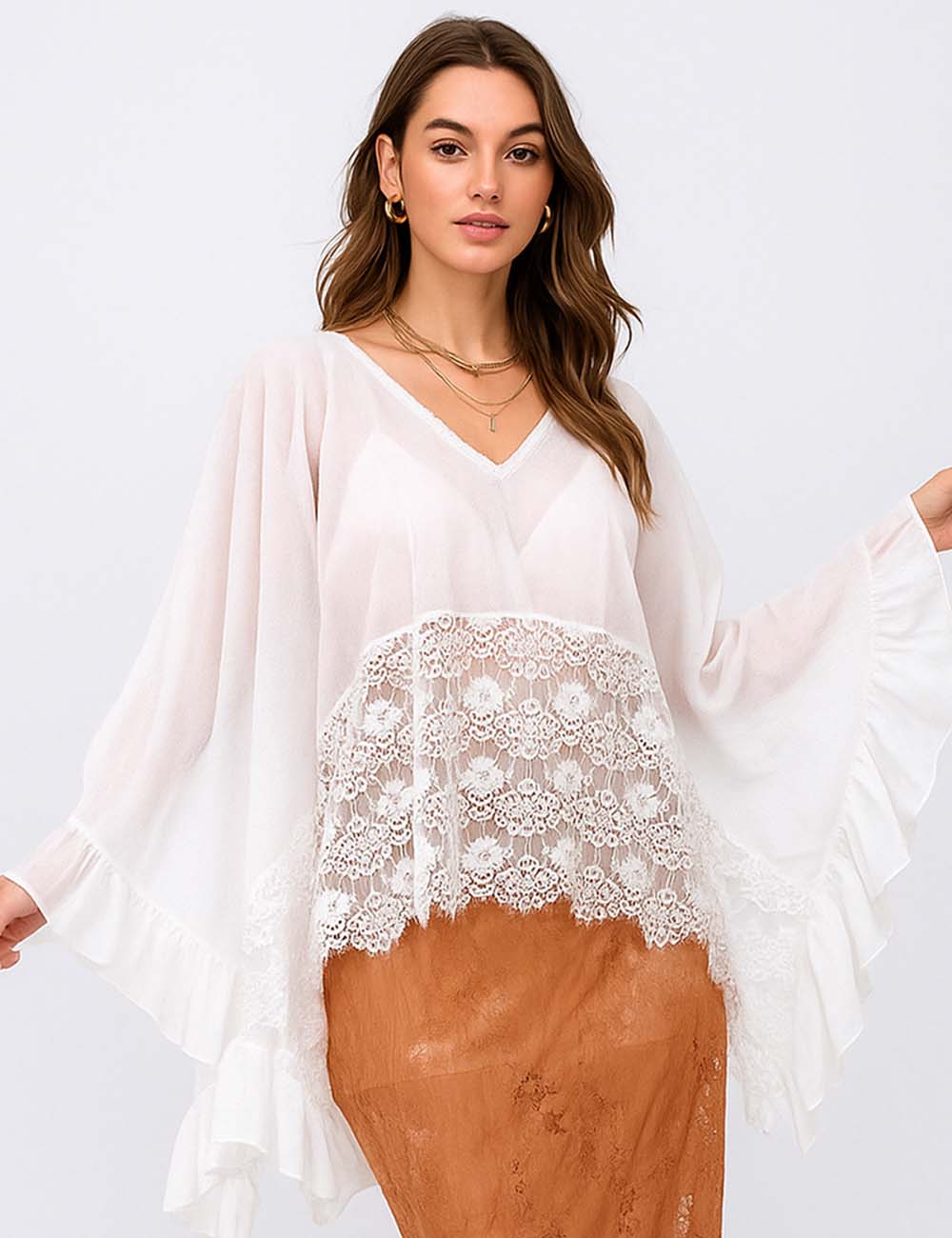 Ladies V-Neck See Through Floral Embroidery Mesh Blouse
