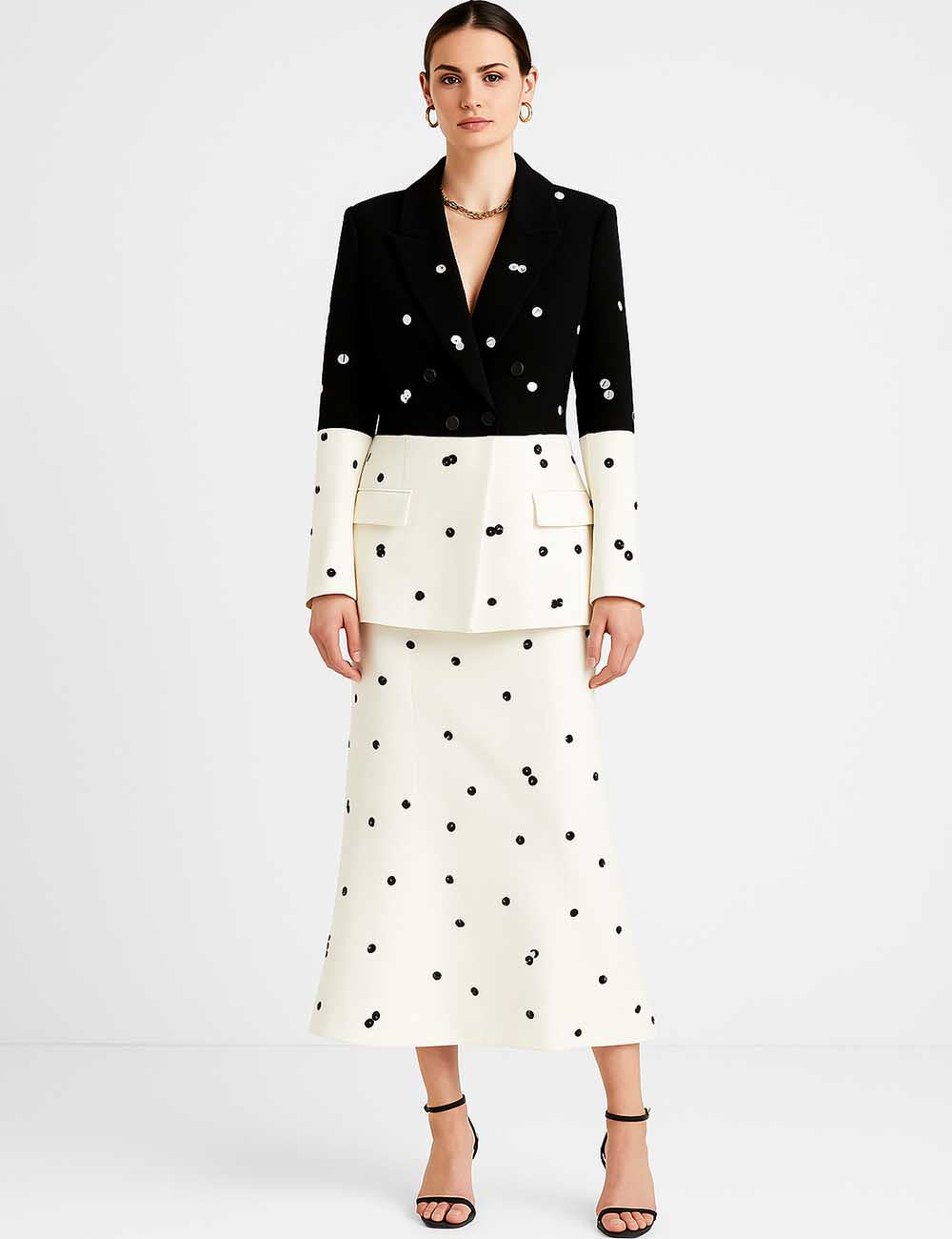 Ladies Sequin Notched Lapel Blazer & Maxi Skirt 2PCS Suit