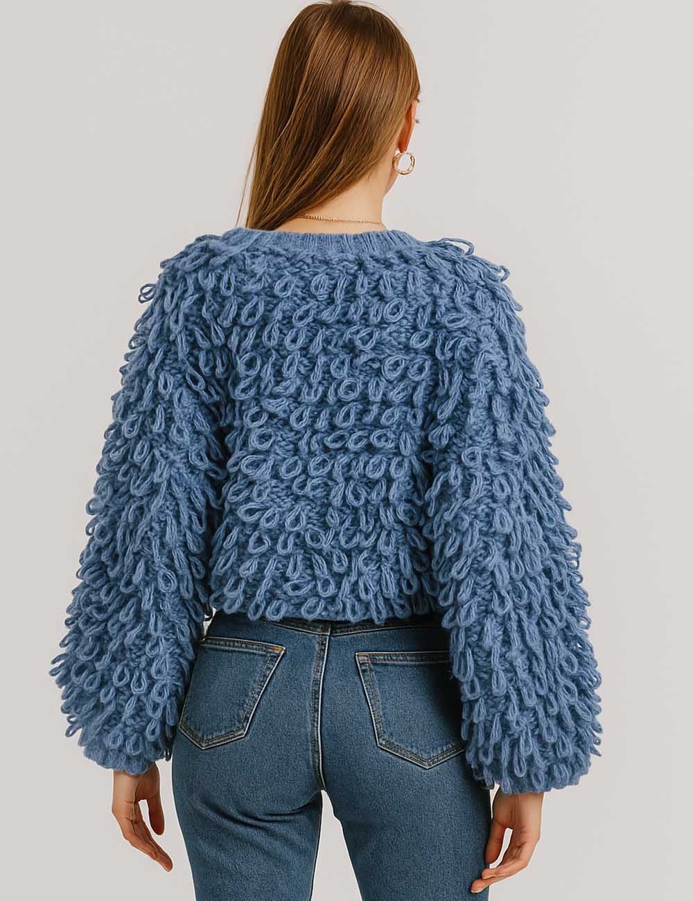Ladies Loop Yarn Knit Balloon Sleeves Sweater Top