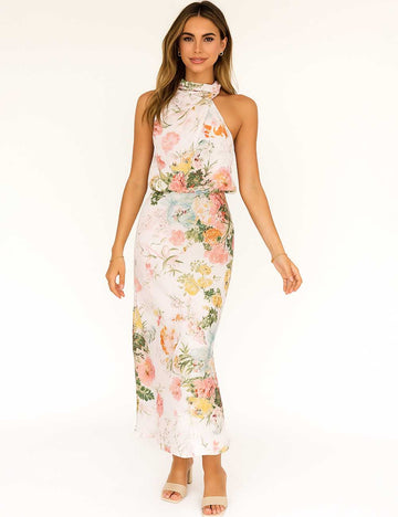Ladies Flower Print Satin Mock Neck Ruched Maxi Dress
