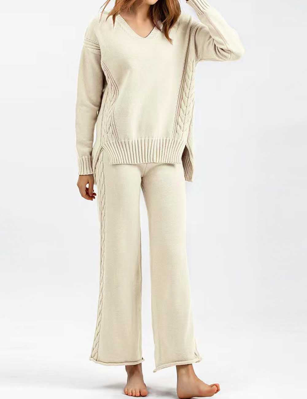 Ladies Solid Color V-Neck Long Sleeves Sweater & Pants Set