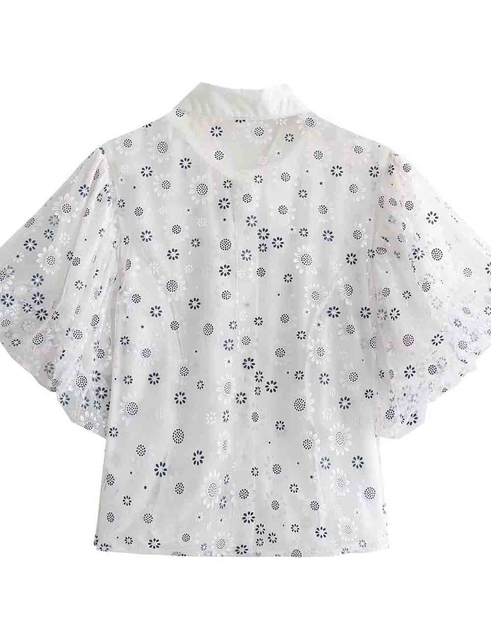 Ladies Button Down Floral Print Short Puff Sleeves Shirt