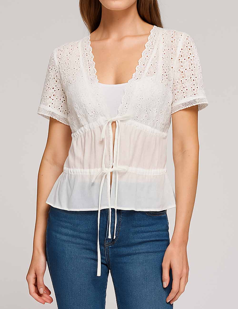 Ladies V-Neck Tie Front Floral Eyelet Lace Trim Top
