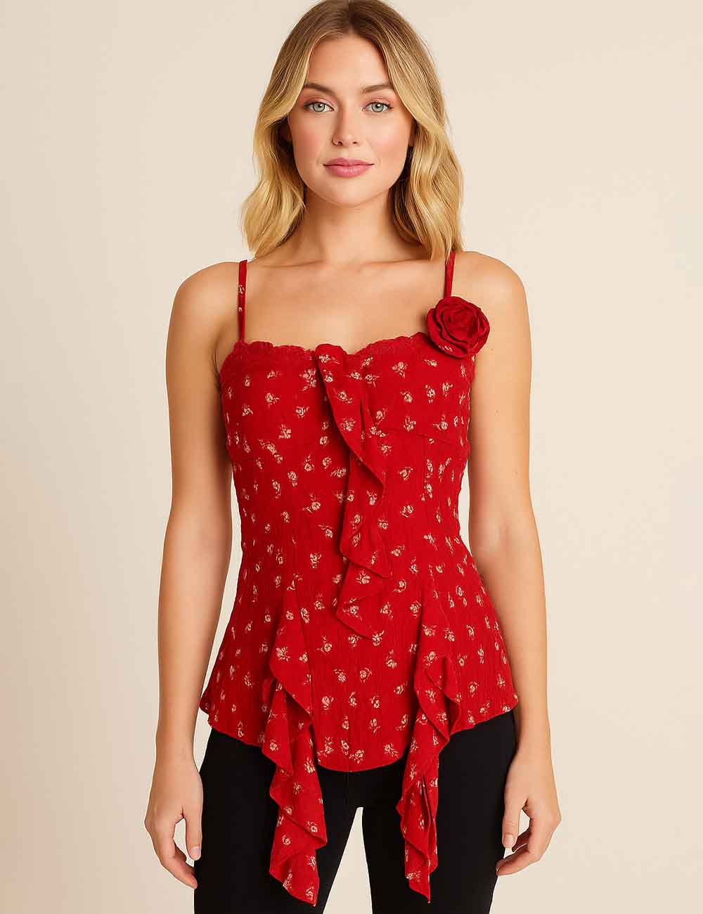 Lace Embroidery Lace Trim Neckline Sleeveless Ruffle Boho Top