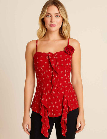 Lace Embroidery Lace Trim Neckline Sleeveless Ruffle Boho Top