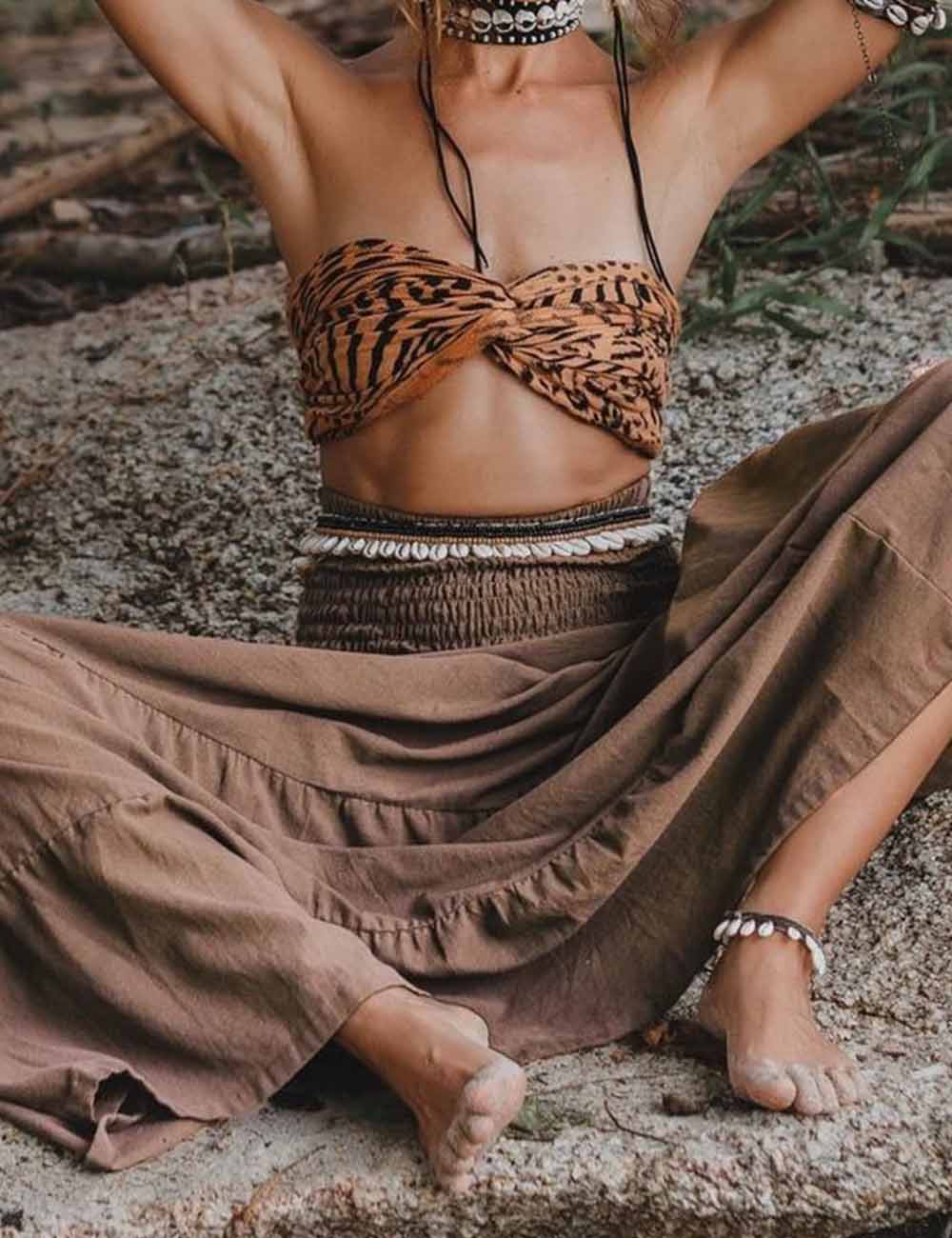 Ladies Boho Elastic Waist Smocking Pocket Ruched Maxi Skirt