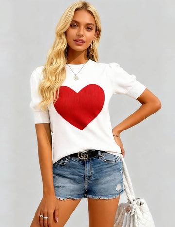 Ladies Valentine's Rib Knit Heart Short Sleeves Sweater