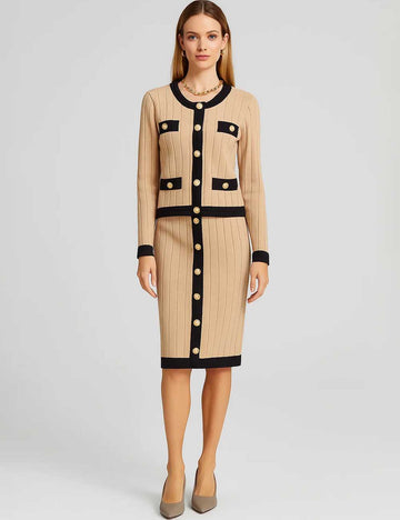 Ladies Color Block Round Neck Knit Top & Skirt Set