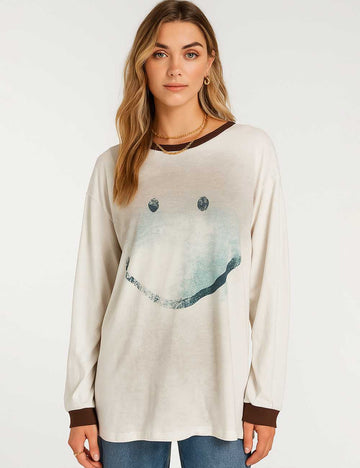 Ladies Smiley Print Color Block Long Sleeves Tee