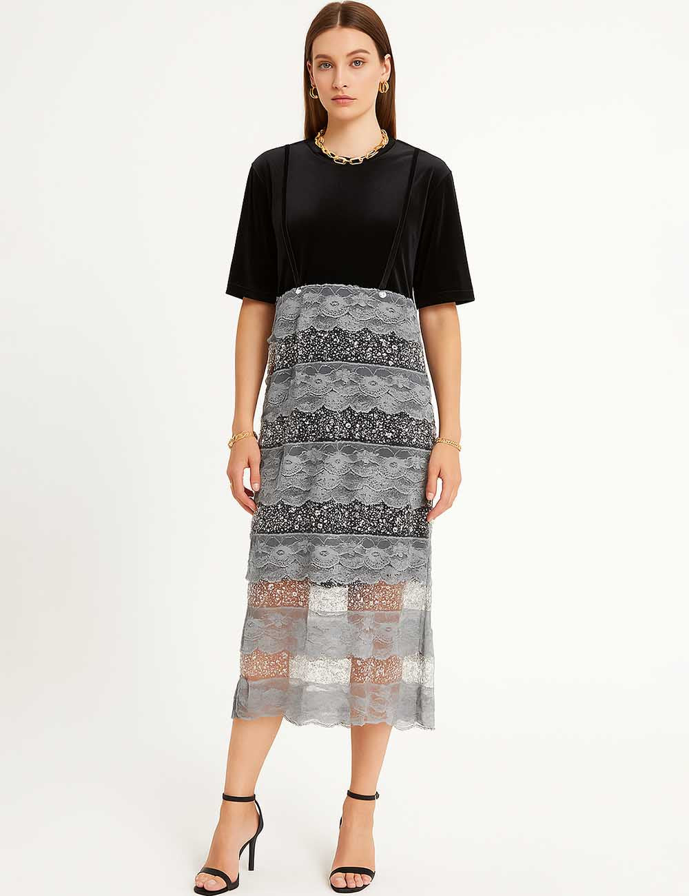 Ladies Velvet Shiny Sequins Lace Tiered Ruffle Midi Dress