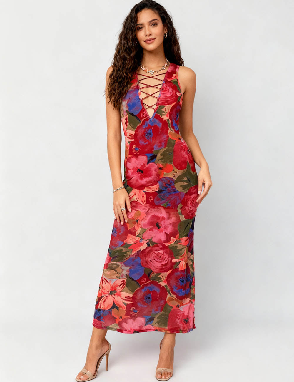 Ladies Floral Lace-Up Front Sleeveless Bodycon Maxi Dress
