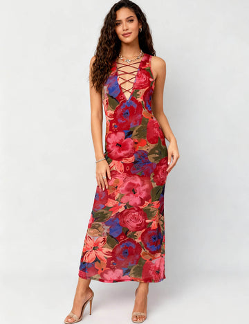 Ladies Floral Lace-Up Front Sleeveless Bodycon Maxi Dress
