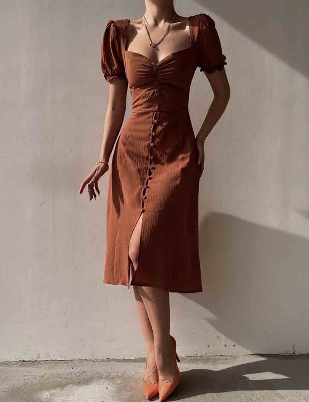 Ladies Square Neck Solid Color Buttons Midi Dress SKD51212