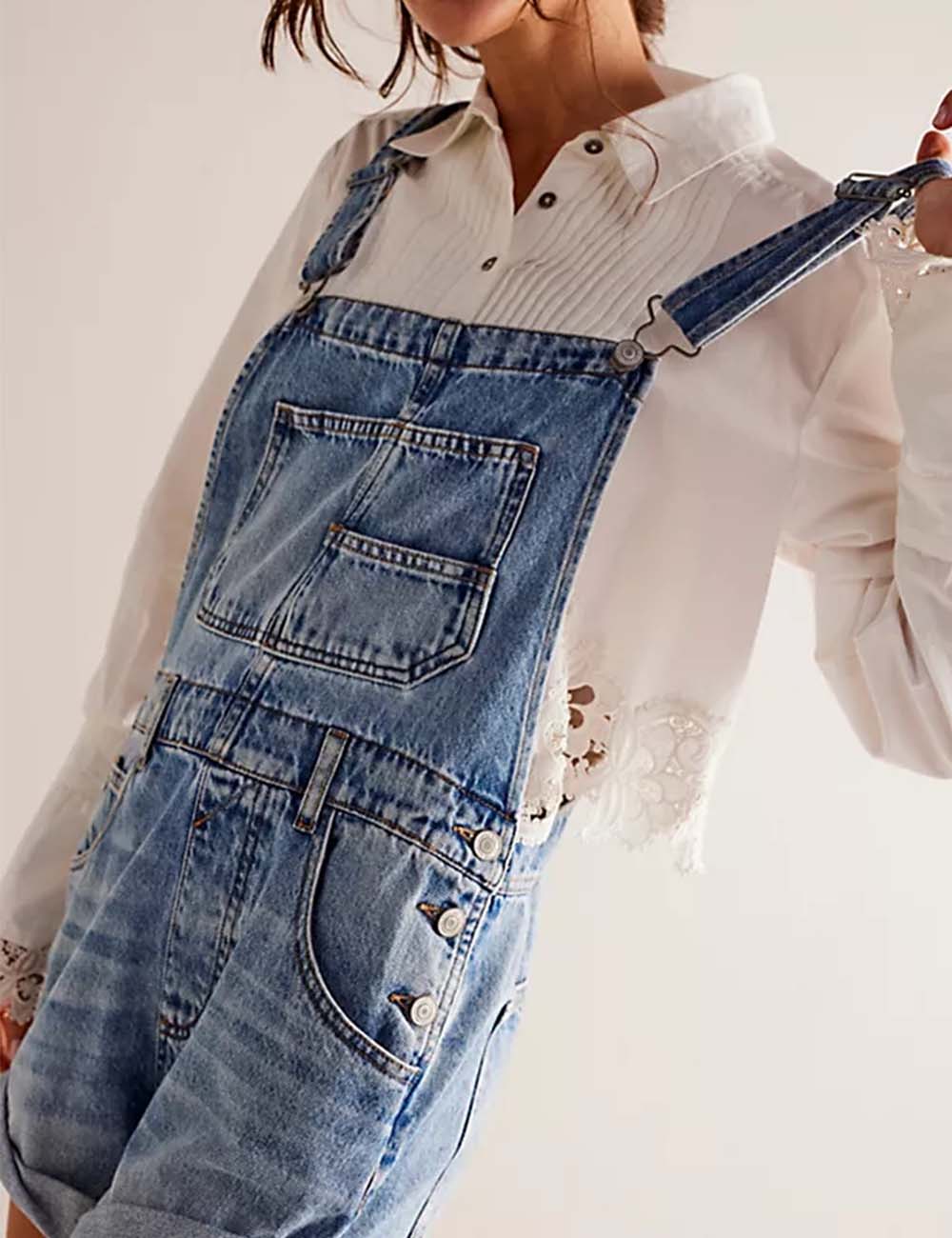 Ladies Solid Color Pocket Roll Denim Romper