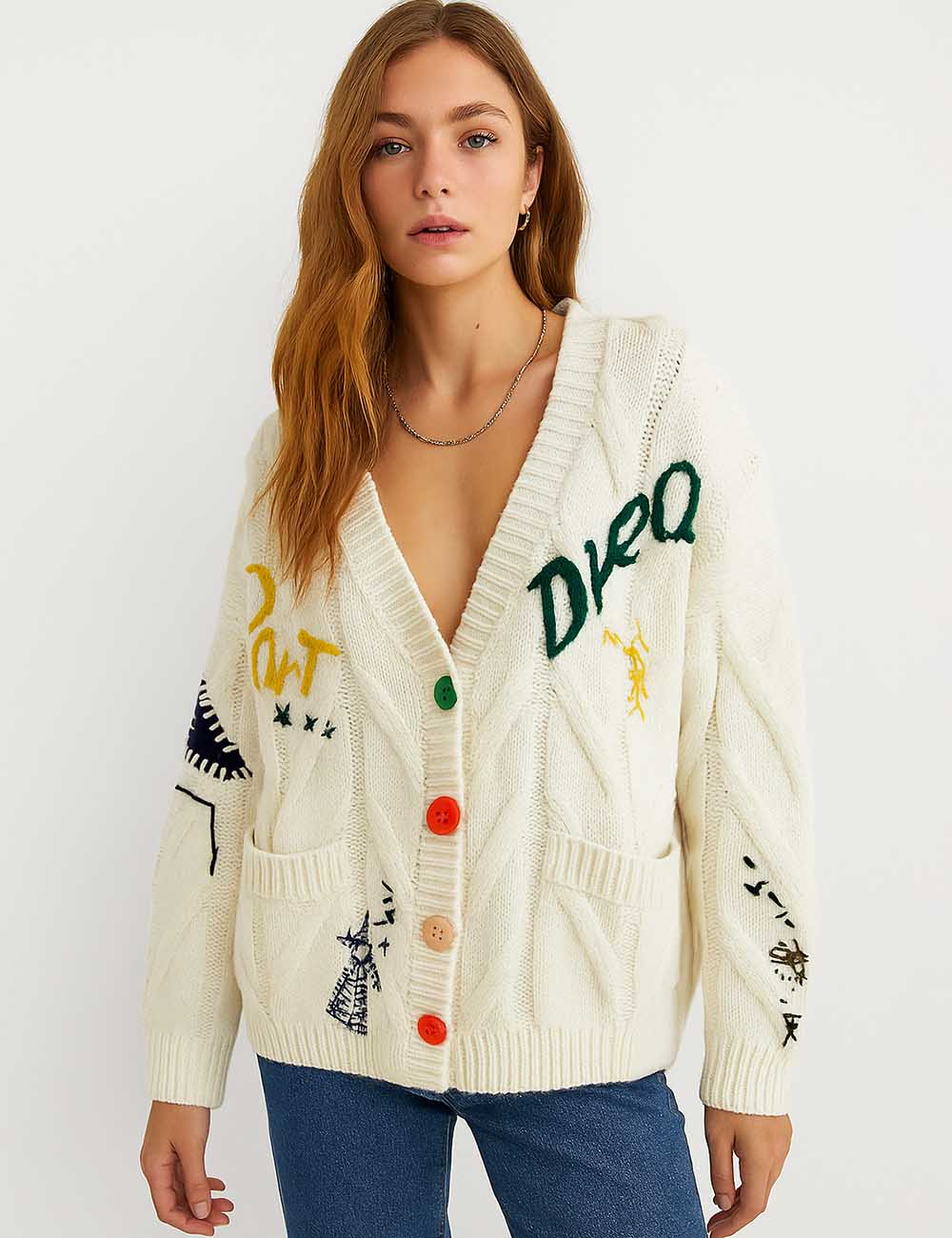 Ladies V-Neck Embroidery Sweater Button Long Sleeves Cable Knit Cardigan