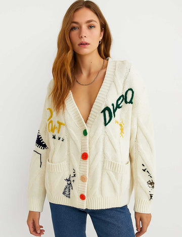 Ladies V-Neck Embroidery Sweater Button Long Sleeves Cable Knit Cardigan