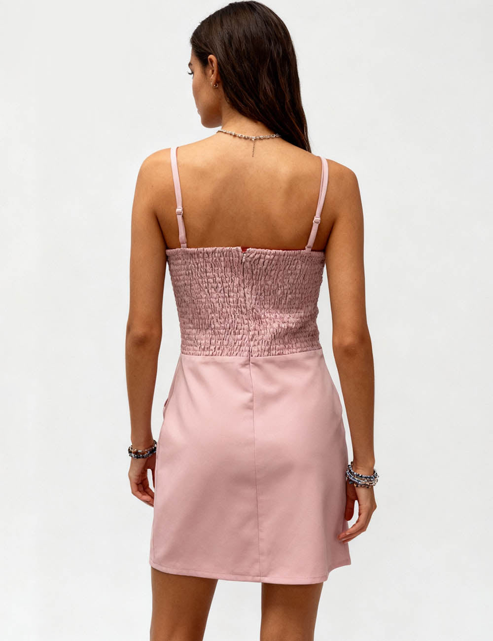 Ladies Lace-Up Front Smocked Back Cami Mini Dress