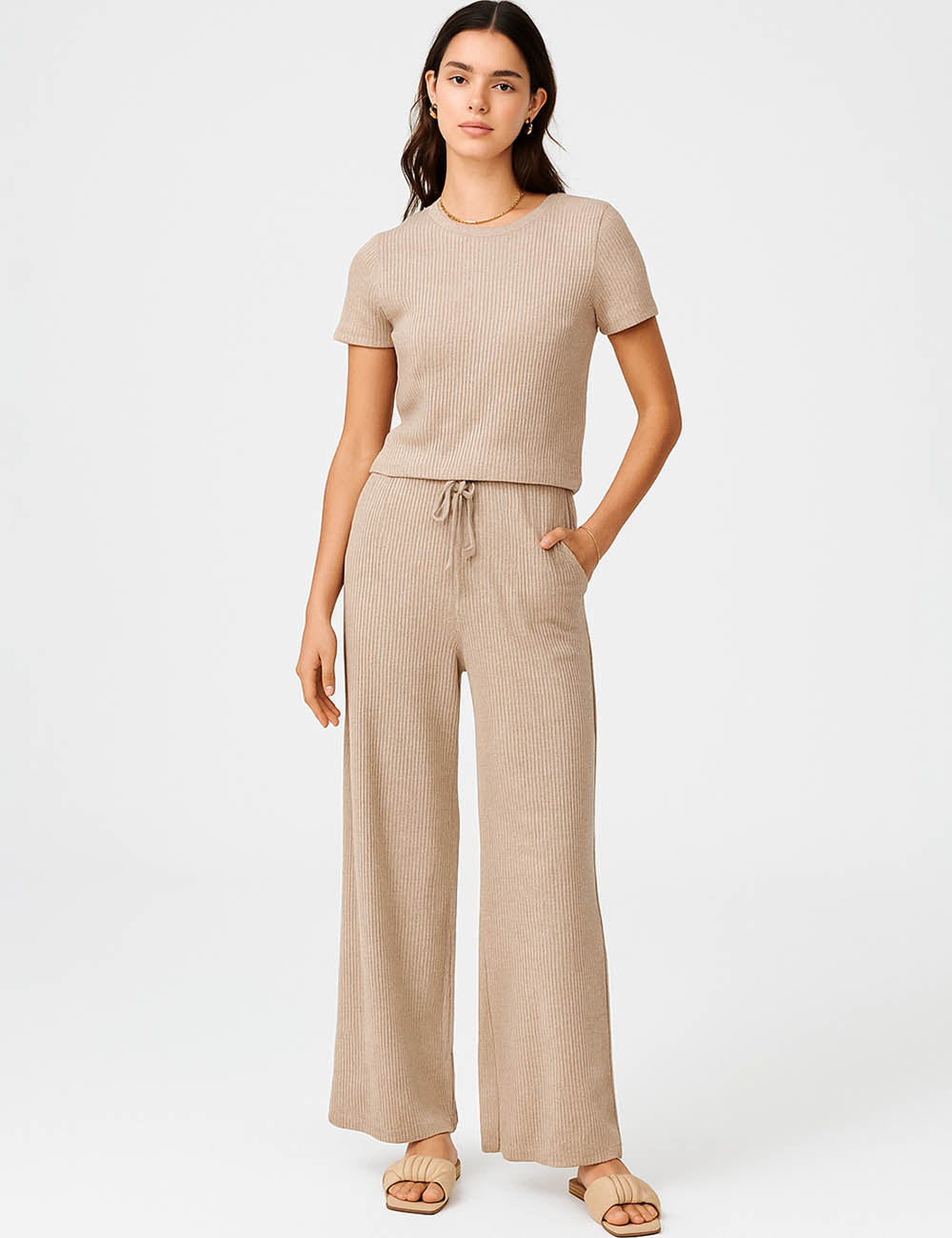 Ladies Solid Color Knit Set Cropped Top Wide Leg Pants 2PCS Set