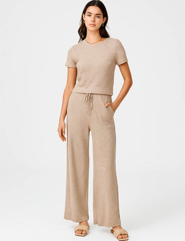Ladies Solid Color Knit Set Cropped Top Wide Leg Pants 2PCS Set