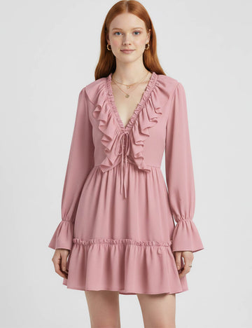 Ladies Chiffon Ruched V-Neck Ruffle Trim Mini Dress
