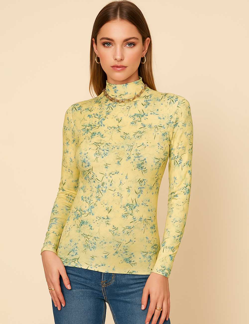 Women Tiny Flower Blouse See Sheer Mesh Layring Top