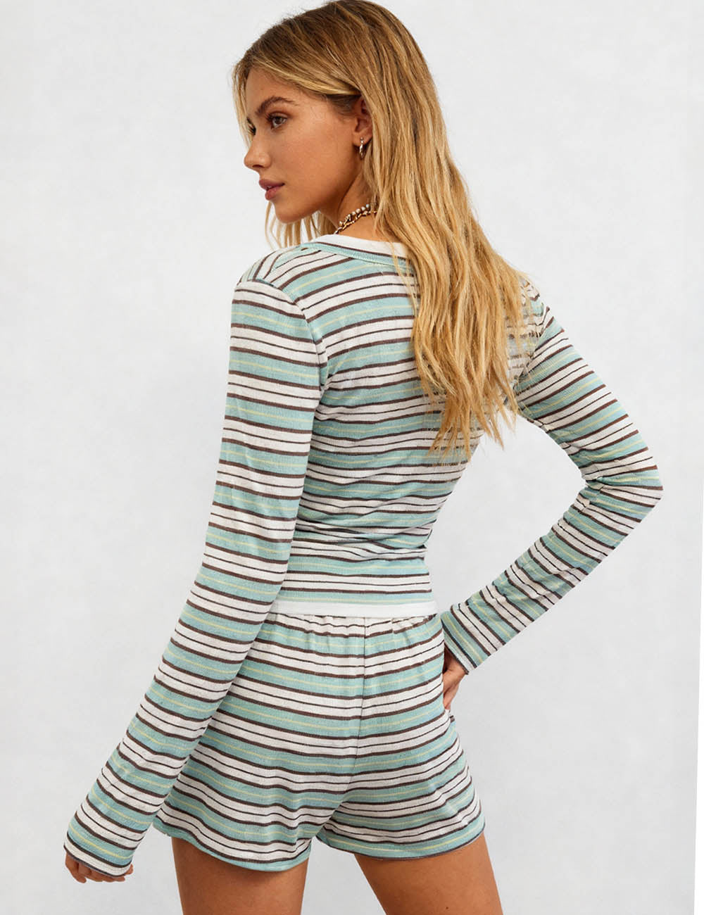 Ladies Striped Button V-Neck Top & Elastic Waist Shorts Set