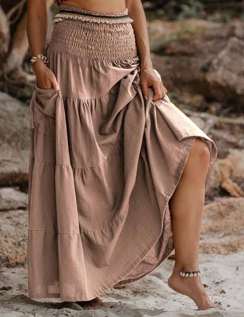 Ladies Boho Elastic Waist Smocking Pocket Ruched Maxi Skirt