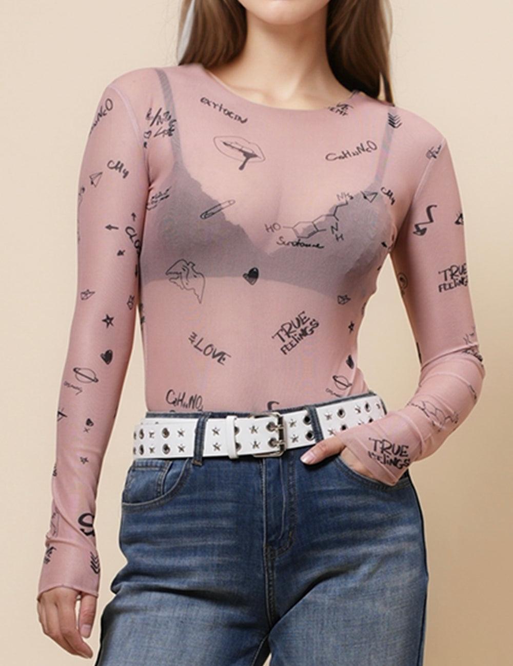 Ladies Print See Sheer Blouse Mesh Layring Top SKT4943