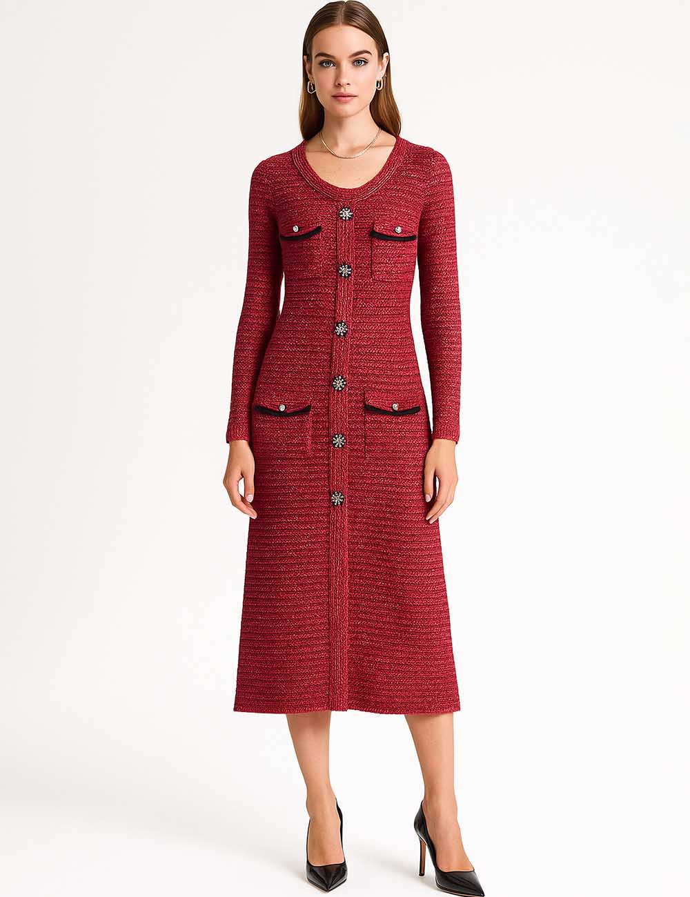 Ladies Round Neck Button Hip Wrap Knit Midi Dress